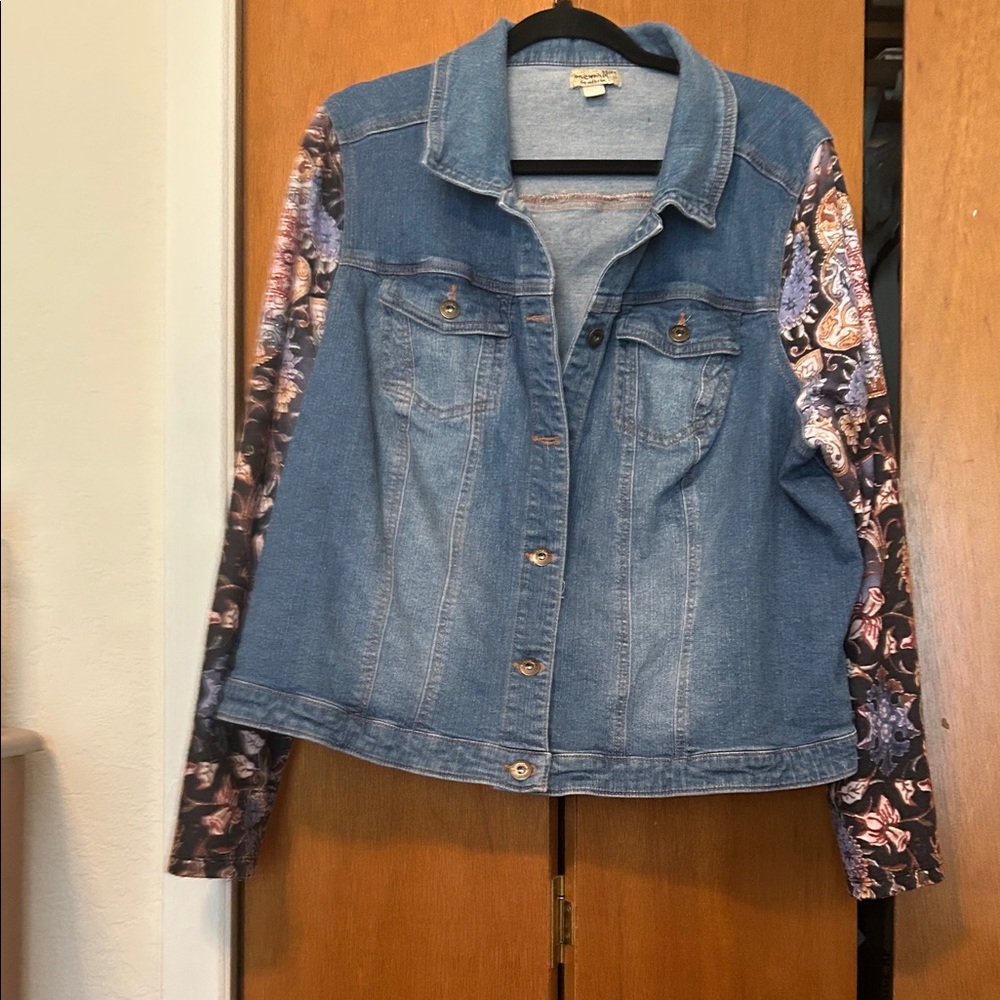 ONE WORLD Denim Jacket with Floral Print Long Sleeves